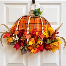 Rustic Fall Pumpkin Door Hanger Orange Plaid Wooden Beads Autumn Decor picture