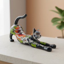 Talavera Stretching Cat Figurine | Mexican Day of the Dead Art picture