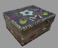 Antique Native American Birch Bark Porcupine Quillwork Floral Box 6.5” picture