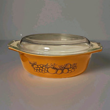 Vintage Pyrex 043 Old Orchard Orange 1.5 Qt Oval Casserole Dish with Glass Lid  picture