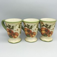 3 Pier 1 Imports Harvest Garden 5¼H Footed Mugs Autumn Pumpkins Fall Earthenware picture