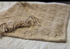 1930s Vintage Hand Crochet Bedspread Six Point Star Popcorn Ecru Fringe 94x106 picture