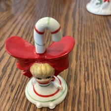 Vintage Lefton Christmas Candy Cane Pixie Girl Figurine Bell Stripes & Red Bow picture