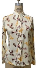 DONNKENNY Vintage 70s Women's LS Brooklyn Bridge Print Poly Blouse Shirt - Sz M picture