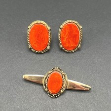 Vintage Clip On Earrings Brooch Set Gold Tone Orange Resin Revival Signed Star picture