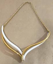 Vintage Monet Double Offset V Bib Collar Necklace White Enamel & Gold Tone picture