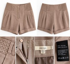 REISS Womens US 10 Taupe 100% Linen Shorts Pleated Woven High Waist Tailored picture