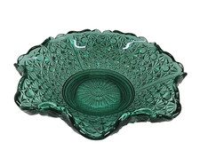 Vtg Fenton Green Teal Daisy and Button Ruffled Bowl Console Fruit Dish 9