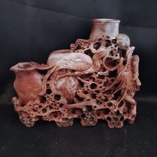 Large Antique Chinese Carved Soapstone Triple Vase Dragon Phoenix Flaming Pearl picture