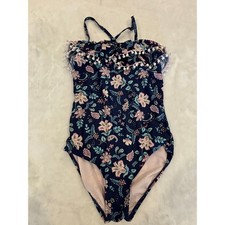 Xhilaration Girls Navy Floral Pom Pom Ruffle One Piece Swimsuit Size 14 picture