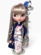 Handmade Neo Blythe Kimono Outfit Navy Floral Furisode Obi Hair Accessory picture