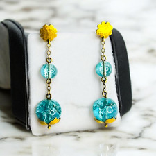 10K Gold Art Nouveau Apatite Dangle Earrings ca1890s Antique Victorian Flowers picture