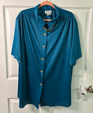 90s Career Vintage Joanna Silky Teal Blue Plus Size Flowy Top Attached Necklace  picture