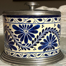 Mexican Talavera style ceramic canister accent wpolished pewter rim,base, & lid picture