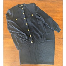 Vintage St. John Basics Black Knit Skirt Cardigan Set Gold Buttons M 12 picture