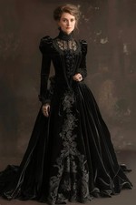 -Velvet Gothic Victorian Ball Gown with Embroidery, High Neck Sash Corset Party  picture