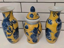 Chinese Vintage Antique Porcelain Cobalt Blue Yellow Vase Set picture