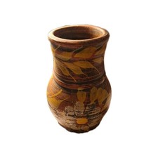 Mexican Clay Jug Folk Art Pottery Mexico Sunflower Terra Cotta Ringware Crude picture