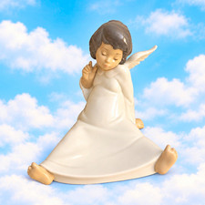 Lladró Porcelain Angel Figurine Sitting White Dress Brown Hair Spain MPN 4952 picture