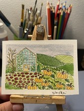 ACEO Greenhouse Garden Pumpkin Patch Field Watercolor Painting Signed Original picture