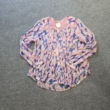 Maeve Top Womens 10 Pink Watercolor Silk Ruffle Front Long Sleeve Sheer Career picture