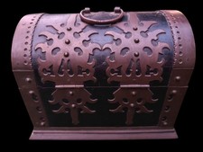  Antique Vintage Wooden Chest Copper Brass Metal Overlay Domed Trinket Box Lock picture