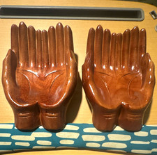 Pair Carved Wooden Hands Sculptures Brown Glossy Finish 2 Pack picture