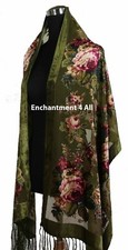Elegant 100% Silk Burnout Velvet Vintage Floral Oblong Scarf Shawl Wrap, Green picture
