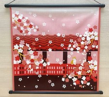 Japanese Tapestry with Hanging Scroll Cat Enjoying Cherry Blossoms in Spring JP picture