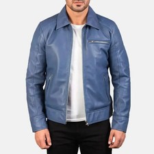 Men’s Sky Blue Leather Jacket – Classic Zip-Up Casual Biker Jacket picture
