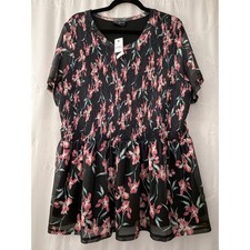 Lane Bryant Floral Smocked Peplum Mesh Top Black Pink Plus Size 18/20 NWT picture
