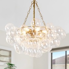 Modern 6-Light Brass Globe Chandelier Ribbed Glass Pendant Ceiling Light picture