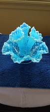 Vintage Fenton Blue Opalescent Hobnail 3 Horn Epergne Centerpiece Vase AS IS picture