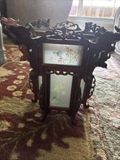 Large Antique Asian Carved Wood Lantern Painted Glass Panels, 1900s 12” Tall picture