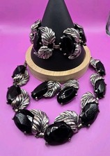 Vintage Signed Schiaparelli Jet Black Glass Silver Leaf Parure Set 1950s picture