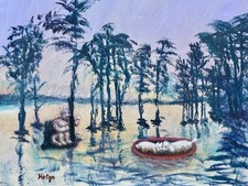 Helga Schweininger Signed Oil Painting Afraid of Drowning Folk Art 20x24 picture