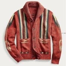 Red Mens Cardigan Knit Sweater Autumn Winter Vintage Print Sleeve Lapel Coat picture