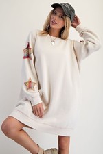 New Easel Mineral Wash Star Patch Terry Knit Tunic Dress in Natural Sz Plus 1X picture