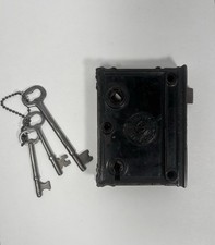 Antique Whipple Mfg Co Cast Iron Rim Door Lock w/ 3 Skeleton Keys 1800s picture