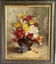 French Floral Still Life Oil Painting Ornate Frame Signed H. Comechain c.1950 picture