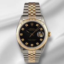 Rolex Datejust 36mm Yellow Gold Fluted Black Diamond Dial Jubilee Watch 16013 picture