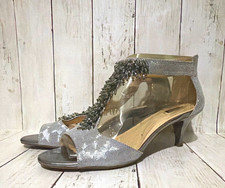 Alex Marie Silver Sequin & Beaded Strappy Open Toe Kitten Heel Zip 11 picture