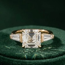 IGI 2.15 Ct Asscher Cut E/VS1 Lab Grown Diamond Three Stone Ring 14K Yellow Gold picture