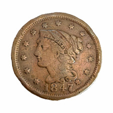 1847 Braided Hair Large Cent 1C Brown Copper Business Strike Philadelphia KM#45 picture
