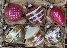 VTG Shiny Brite Made In USA  Mica Pink Tornado Lantern Stencil Glass Ornaments picture