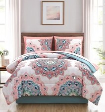 Mainstays King Comforter Set 8 Piece Pink Teal Medallion Bed in a Bag Sheets New picture