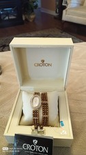 Ladies CROTON Peacock Freshwater Mother Of Pearl DiaWatch Bracelet Earrings Set picture