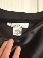 White House Black Market Black Satin Silk Boat Neck Tie Blouse Size S picture