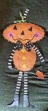 Vintage Halloween Hand Painted Wire Screen Pumpkin Wall Hanger Dangles Folk Art picture