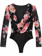 Windsor Women's Size Small Black Floral Mesh Long Sleeve Plunge Snap Bodysuit picture